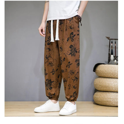 Pantaloni Primavera-Estate da Uomo in Stile Cinese, Sottili e Traspiranti in Cotone e Lino, con Vita Elastica, Pantaloni Harem Stampati Casual e Comodi