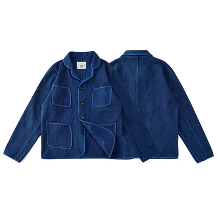 Vintage Handmade Indigo Jacket Men Spring Autumn New Lapel Multi-pocket Plant Blue Dyed Long Sleeve Jacket Casual Cardigan Coat