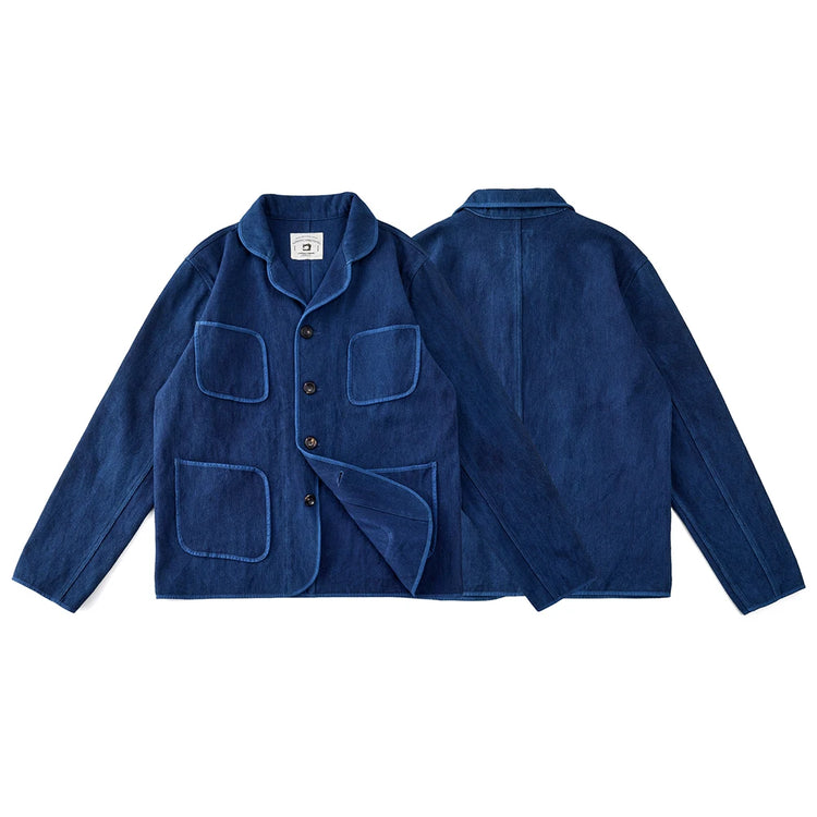 Vintage Handmade Indigo Jacket Men Spring Autumn New Lapel Multi-pocket Plant Blue Dyed Long Sleeve Jacket Casual Cardigan Coat