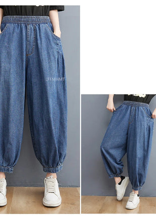 Jeans Vintage tinta unita da donna moda estiva pantaloni larghi in Denim elasticizzato in vita femminile pantaloni Harem alla caviglia stile giapponese