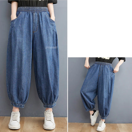 Jeans Vintage tinta unita da donna moda estiva pantaloni larghi in Denim elasticizzato in vita femminile pantaloni Harem alla caviglia stile giapponese