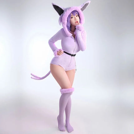 MOBBUNNY Espeon Cosplay Costume Women Hooded Bodysuit Tail Socks Suit Cute Cartoon Flannel Pajamas Bunny Girl Plush Jumpsuit