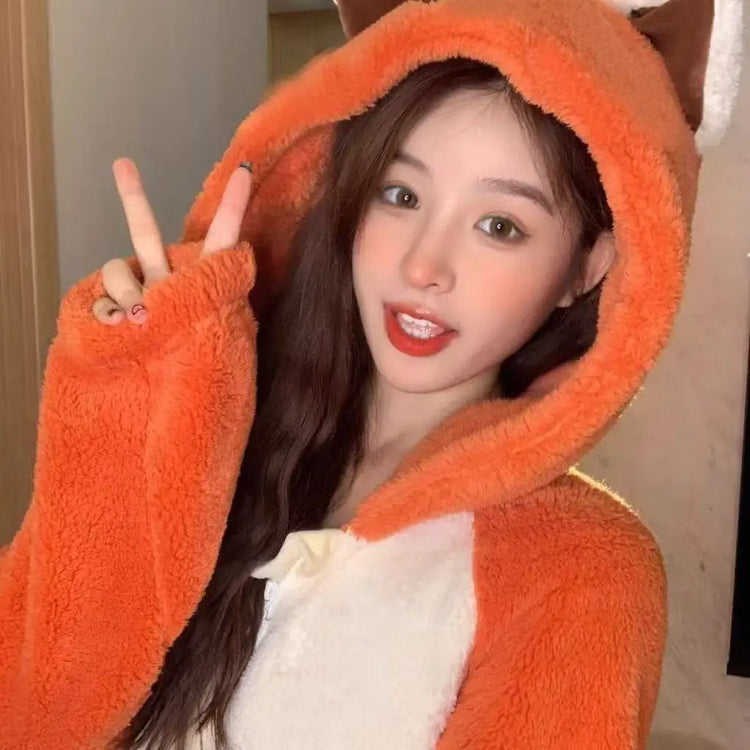Cartoon Coral Fleece Lined Onesie Pajamas Women's Winter Home Clothes Comfortable Breathable Sleepwear Polyester Fiber