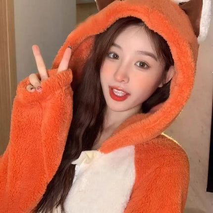Cartoon Coral Fleece Lined Onesie Pajamas Women's Winter Home Clothes Comfortable Breathable Sleepwear Polyester Fiber