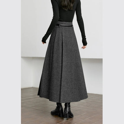 VIMLY Elegant Wool Blend Pleated Maxi Skirt for Women 2025 Winter High Waist Stereo Heavy Duty Skirt Office Lady Clothes M9173 PlatiNum