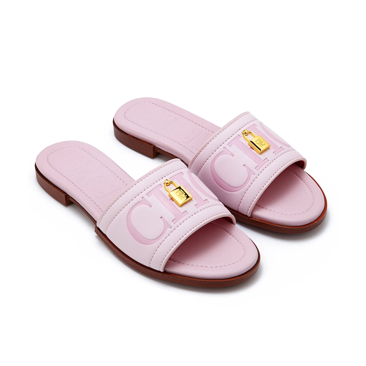 Fashion Pink Flat Sandals Gold Metal Decor Brand Lettering Comfort Footbed Summer Casual Wear Gift Set