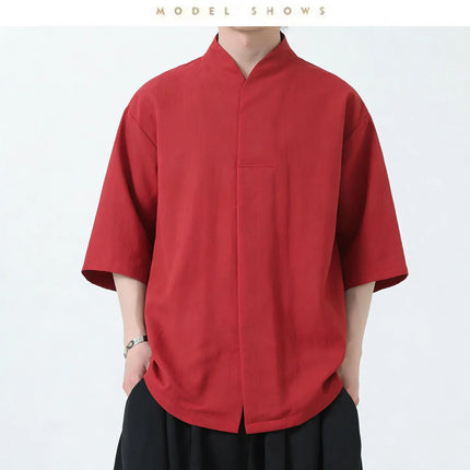 Camicie da uomo estive in lino di alta qualità, tinta unita, a maniche corte, stile cinese tradizionale, per Kung Fu e Tai Chi