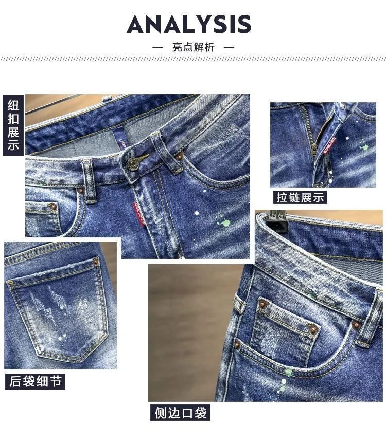 Spring and Autumn New Fashion Trend Ripped Retro Straight Leg Blue Jeans Men's Casual Loose Comfortable Breathable Denim Pants PlatiNum
