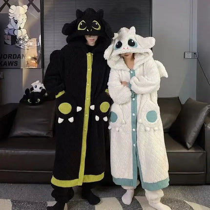 Anime Toothless Boy and Girl Winter Pajama Robe Kawaii Y2K Role-Playing Birthday Gift Thick Coral Velvet Warm Home Clothes Set