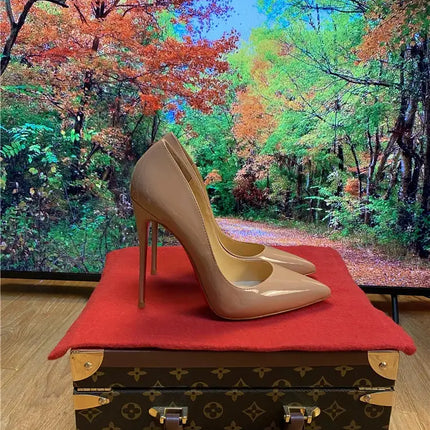 Tacchi altissimi personalizzati multicolori da 12 cm, pelle verniciata bianca nuda, suola rossa sexy, scarpe sottili a punta per ordine singolo platinumshop