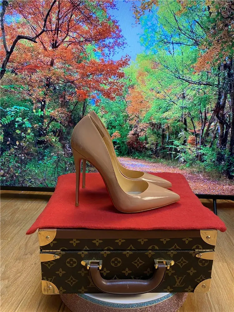 Tacchi altissimi personalizzati multicolori da 12 cm, pelle verniciata bianca nuda, suola rossa sexy, scarpe sottili a punta per ordine singolo platinumshop