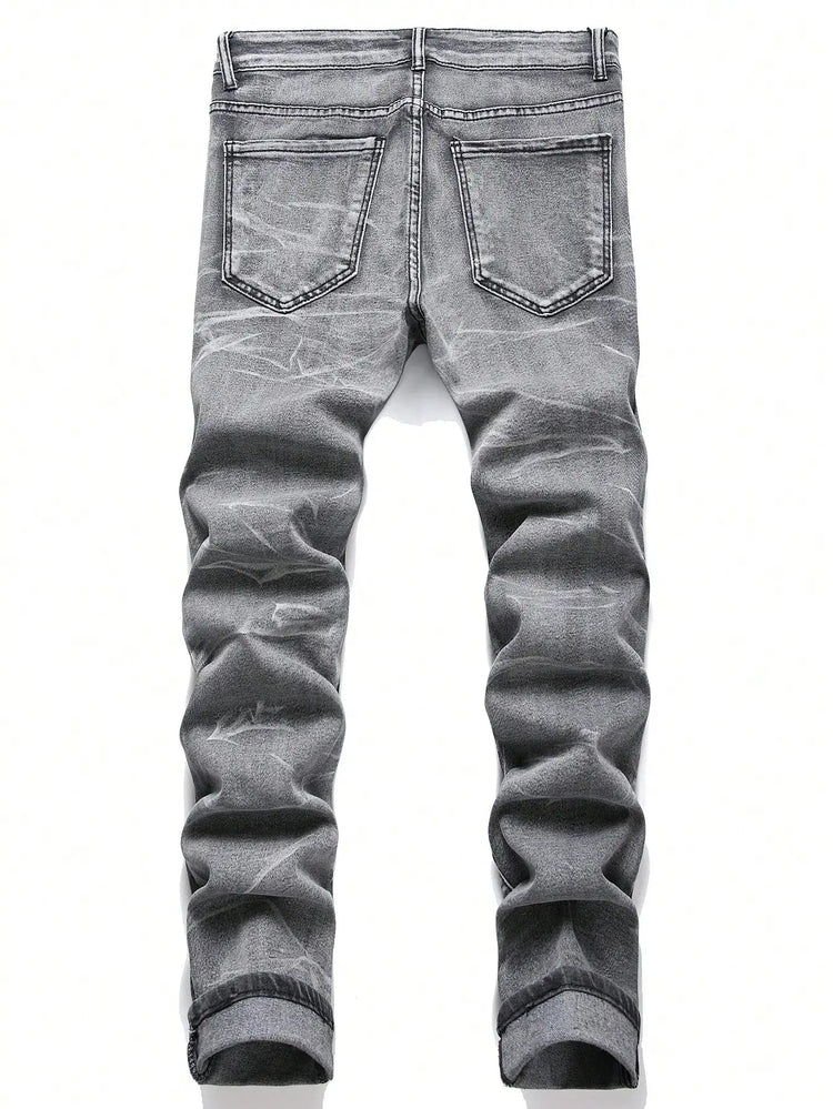 Men‘s Stretchy Denim Jeans Streetwear Tearing Patchwork Holes Ripped Denim Elastic Waist Casual Pants Slim fit Straight Trousers PlatiNum