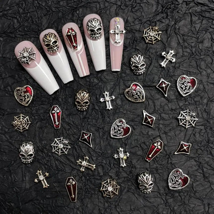 20PCS Alloy Dark Gothic Style Cross Skull Nail Art Decoration Punk Spider Web Coffin Nail Charm Accessories for DIY Crafts