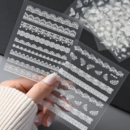 2pcs Y2K White Lace 5D Nail Art Stickers White Embossed Flowers Petals Elegant French Decals Wedding Nails Manicure Decorations