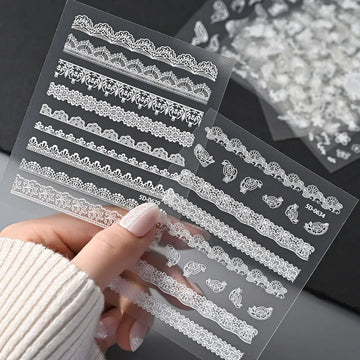 2pcs Y2K White Lace 5D Nail Art Stickers White Embossed Flowers Petals Elegant French Decals Wedding Nails Manicure Decorations