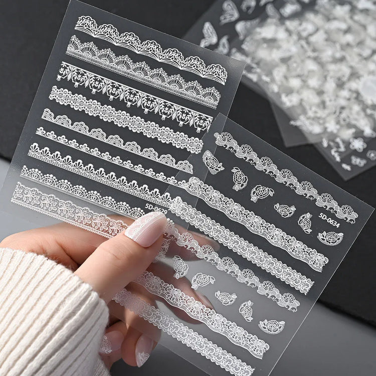 2pcs Y2K White Lace 5D Nail Art Stickers White Embossed Flowers Petals Elegant French Decals Wedding Nails Manicure Decorations