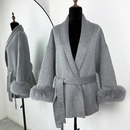 TARUXY Fox Fur Woolen Long Coats Women's Office Lady Removable Elegant Coat Double-sided Wool Overcoat 2025 New Cardigan Jacket
