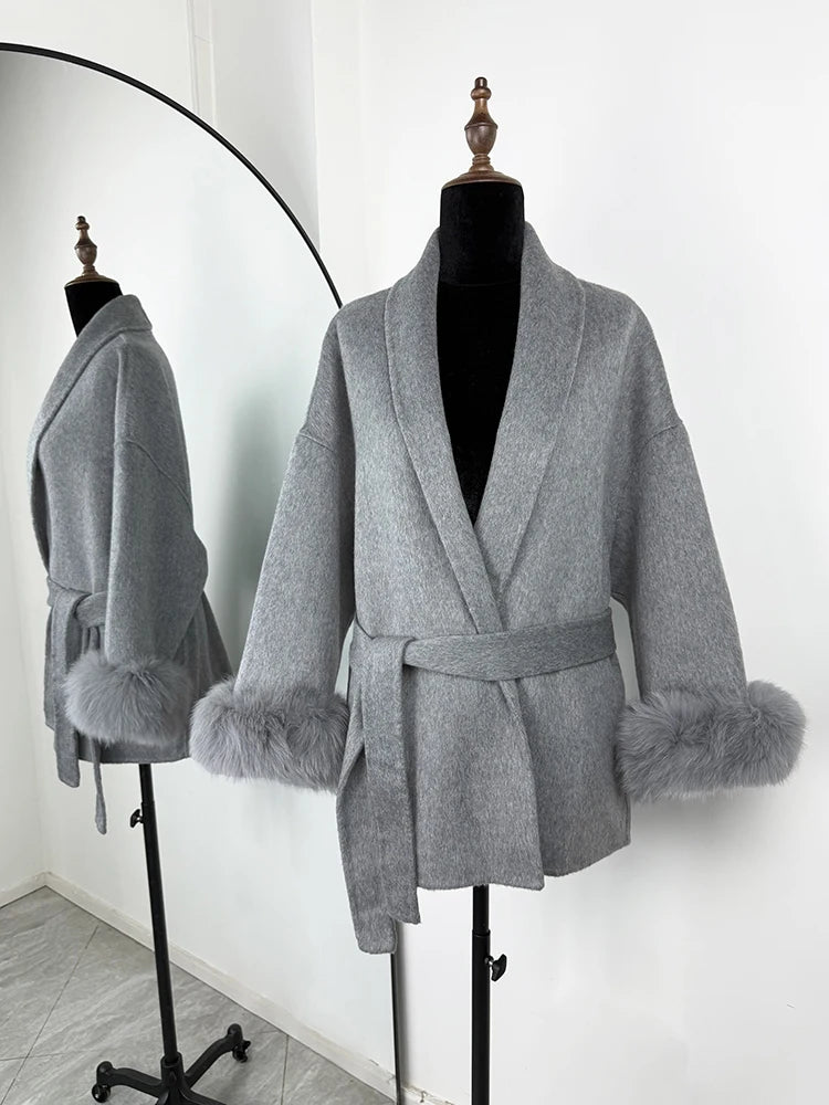 TARUXY Fox Fur Woolen Long Coats Women's Office Lady Removable Elegant Coat Double-sided Wool Overcoat 2025 New Cardigan Jacket