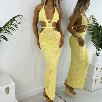 Abito da annodare senza schienale scollato stile sexy Abito da donna per le vacanze al mare Copricostume lavorato a maglia Abito lungo con protezione solare per il bagno del sole platinumshop