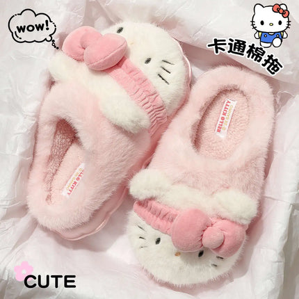 Women Cute Hello Kitty Thick Platform Plush Slippers Warm Fuzzy Non-Slip Bowknots Winter Indoor Bedroom Cozy Fluffy House Slides