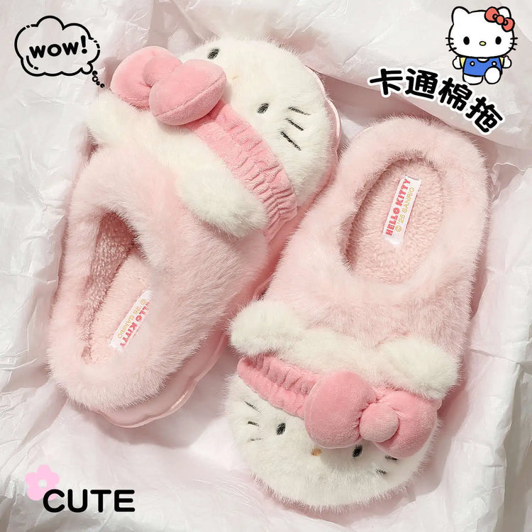 Women Cute Hello Kitty Thick Platform Plush Slippers Warm Fuzzy Non-Slip Bowknots Winter Indoor Bedroom Cozy Fluffy House Slides