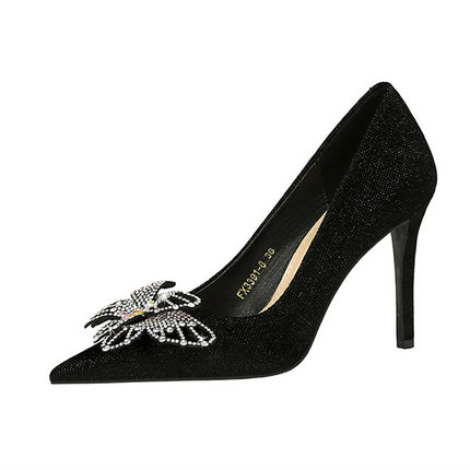 Tacchi sottili in pelle scamosciata stile europeo americano di lusso leggero ed elegante per banchetti Scarpe da donna con grandi fiocchi alla moda con tacchi altissimi
