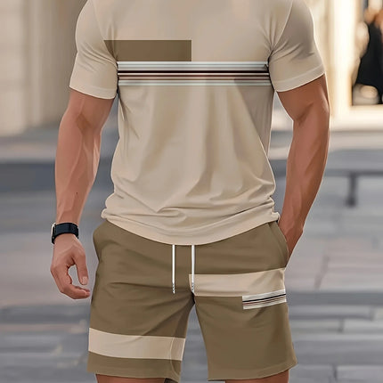2026 Summer New Arrival Men's Casual Two-piece Set 2026 Striped Print Short Sleeve Shirt and Sports Shorts Men's Fitness Set