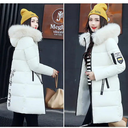 Women Winter Fur Collar Hooded Parka Coats Fashion Letter Patch Zipper Long Jacket Elegant Slim Warm Thick Female Snow Outerwear
