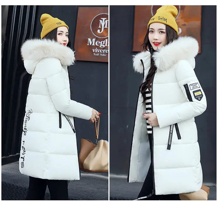 Women Winter Fur Collar Hooded Parka Coats Fashion Letter Patch Zipper Long Jacket Elegant Slim Warm Thick Female Snow Outerwear