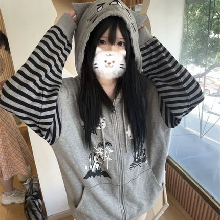 Japanese Harajuku Kawaii Long Sleeve Hoodie Women Cat Ears Sweet Sweatshirt Lace Striped Zipper Casual Cartoon 2025 Autumn