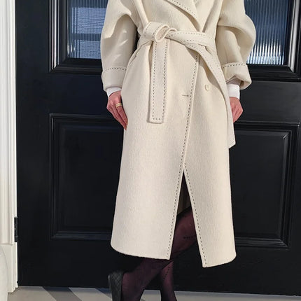 New Solid Korean Style Women Wool Coat Arch Needle Large Neck Versatile Fashion Texture Double Sided Trench Coats Female Winter