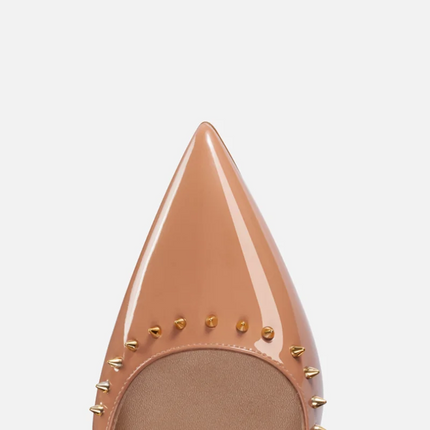 Scarpe col tacco di lusso da donna Fondo rosso lucido Décolleté a punta Rivetti di colore nudo Tacchi alti sottili Scarpe eleganti da donna di moda platinumshop