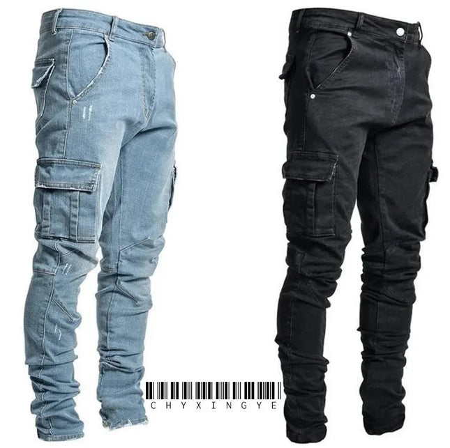 Men's street elastic workwear jeans washed solid color multi pocket casual mid waist pants slim fit daily wear jogging pants PlatiNum