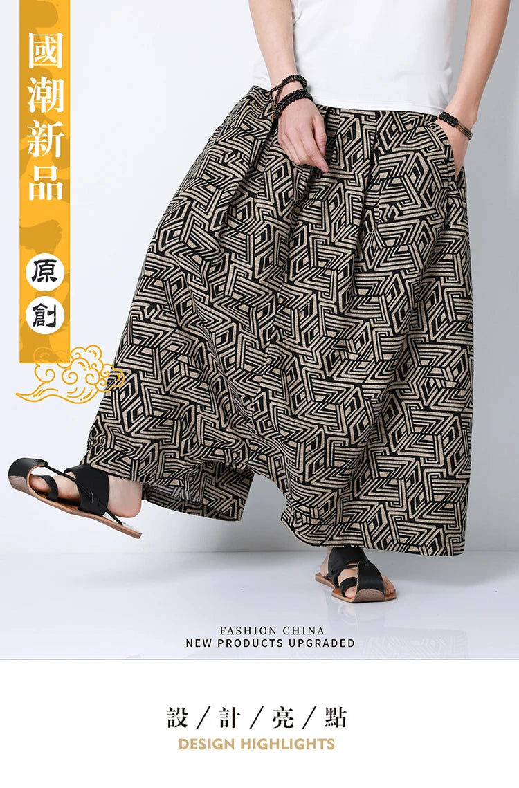 Pantaloni stile cinese uomo retrò Casual gamba larga pantaloni larghi Crossover cotone lino nuovi pantaloni grafici da uomo pantaloni Hip Hop M-5XL