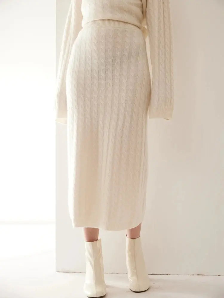 Autumn Winter 100% Cashmere Skirt Women Soild Mid-calf  High Waist Twist Flower Fit Slimming Knitted Dress  Light Luxury Elegant PlatiNum