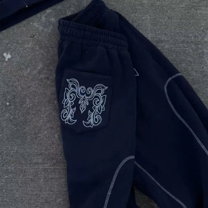 American Y2K Casual Zipper Hoodie Sweatpant Two Piece Set HipHop Oversized Embroidery Sweatshirts Men Women Casual Pants PlatiNum