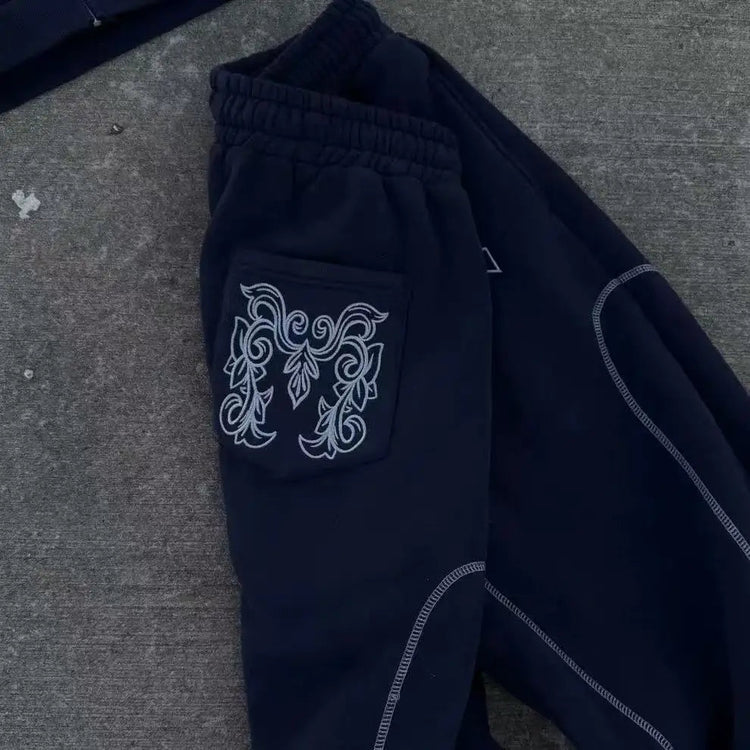 American Y2K Casual Zipper Hoodie Sweatpant Two Piece Set HipHop Oversized Embroidery Sweatshirts Men Women Casual Pants PlatiNum