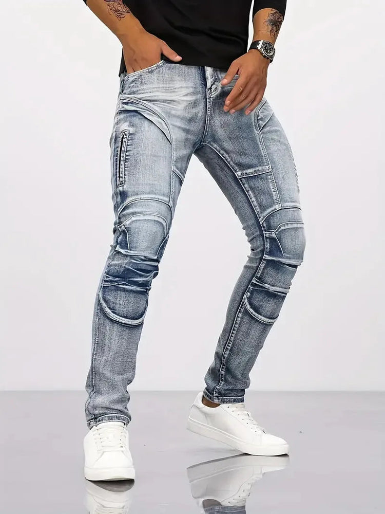 Two tone distressed patchwork jeans for men trendy jeans for summer thin straight leg pants slim fit small leg distressed jeans PlatiNum