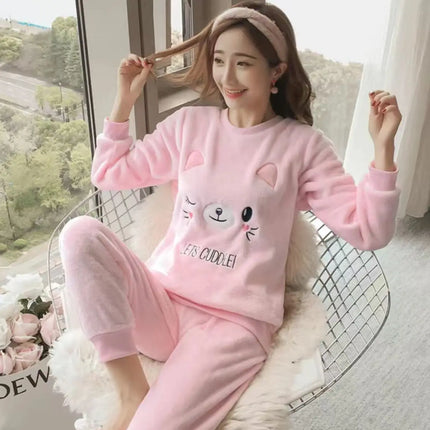 Cute Pajamas Set 2 Pieces Women Sleepwear Warm Winter Thick Coral Fleece Hooded Cartoon Girls Homewear Animal Pajamas Nighties