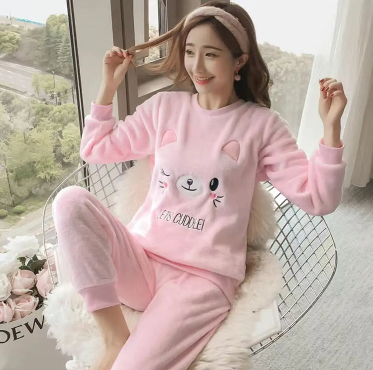 Cute Pajamas Set 2 Pieces Women Sleepwear Warm Winter Thick Coral Fleece Hooded Cartoon Girls Homewear Animal Pajamas Nighties