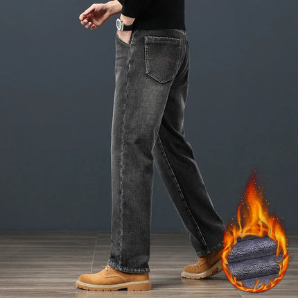 Winter Fleece Classic Loose Straight Men Jeans Warm Thicken Trousers Business Casual Velvet Elastic Denim Pants Plus Size 42 44