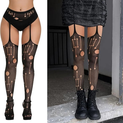 Calze a rete sexy da donna da 3 pezzi Collant con reggicalze alti fino alla coscia con reggicalze Design con motivo scavato per uso occasionale