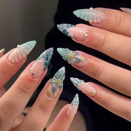 24pcs Pink Flower Almond Press on Nails Kawaii False Nails Wearable Stick-on Nails Fake Nail Uñas Postizas Накладные Ногти 네일팁2028