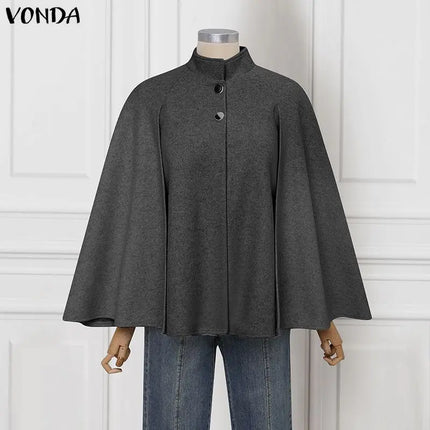 VONDA Autumn Women Capes Elegant Stand Collar Thin Cape Coat Solid Button Poncho OL Work Tops Office Streetwear Party Jackets