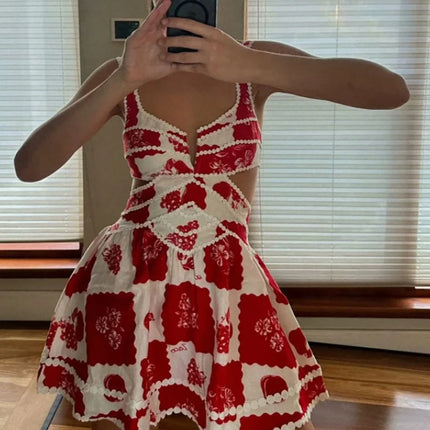 Women's Simple Elegant V Neck Mini Dresses. Women's Color Block Spaghetti Strap Dress. Hollow Waist Party Dresses with Large Hem