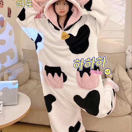 Women Onesie Kigurumis Cow Pajamas Adult Female Winter Sleepwear Zipper Hooded  Jumpsuits Thick Soft Warm Fleece Pijama Mujer