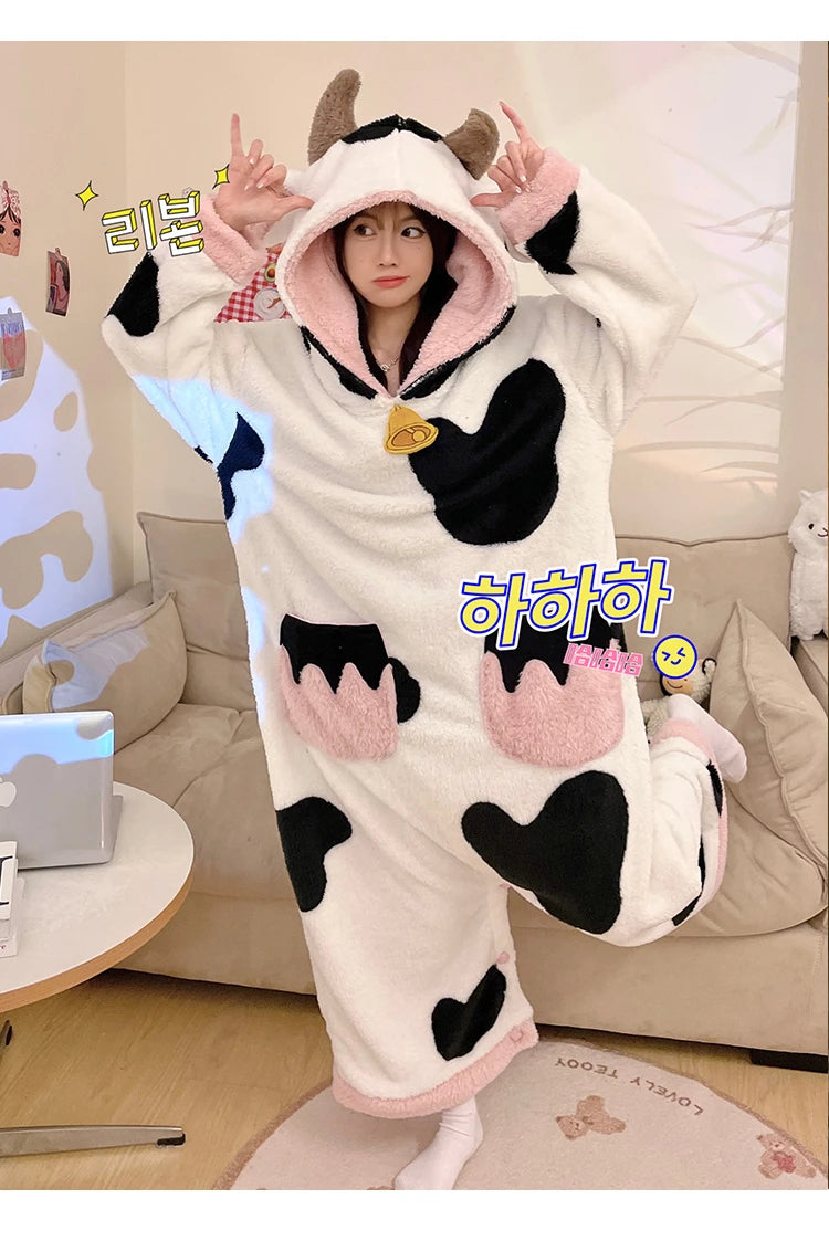 Women Onesie Kigurumis Cow Pajamas Adult Female Winter Sleepwear Zipper Hooded  Jumpsuits Thick Soft Warm Fleece Pijama Mujer