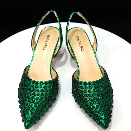 Venus Chan Pointed Toe Heels for Women 2023 Elegant Party Wine Color Full Diamond Pumps Italian Shoes and Bags Matching Set PlatiNum