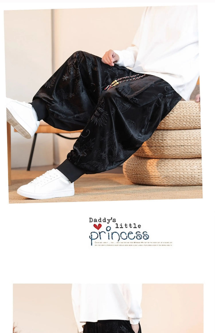 Pantaloni da uomo stile cinese retrò allentato drago scuro stampa pantaloni a gamba larga Kung Fu Tai Chi pantaloni casual tradizionali taglie forti 5XL