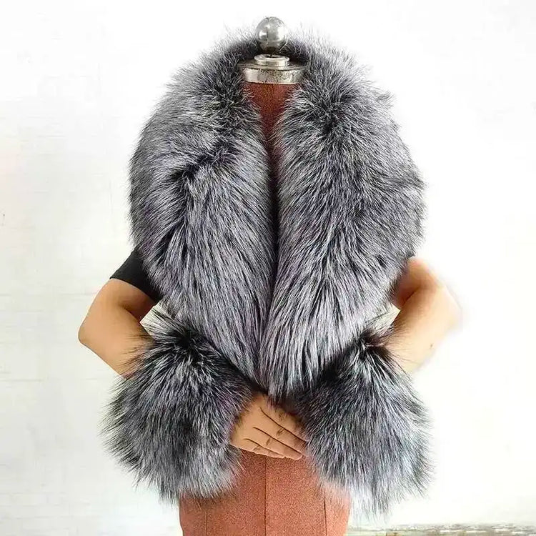 Real Fur Collar And Cuffs Set Winter Coat Accessories Women Fluffy Large Fur Shawl Neak Warm Fox Fur Scarf Furry Scarves Female